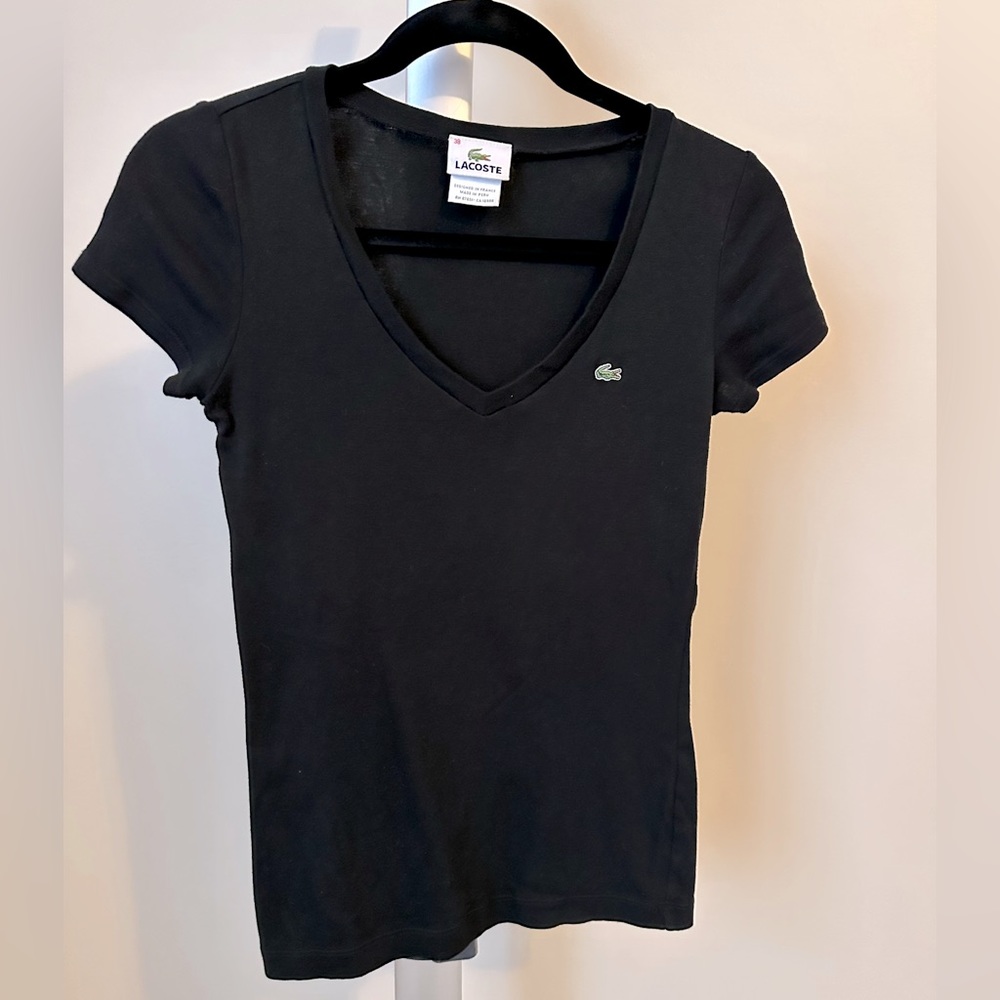 Black Lacoste v-neck t-shirt.  Size 38 - fits like XS/S